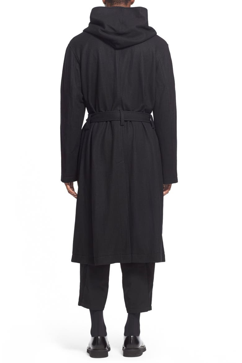 Yohji Yamamoto Asymmetrical Hooded Wool Coat, Alternate, color, BLACK