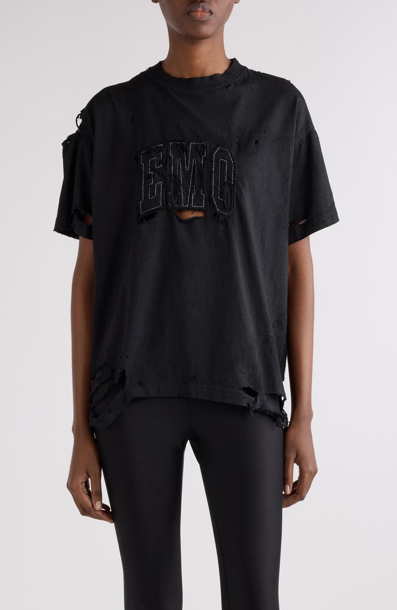 Balenciaga Boxy Distressed Emo Embroidered T-Shirt, Main, color, 1041 Faded Washed Black