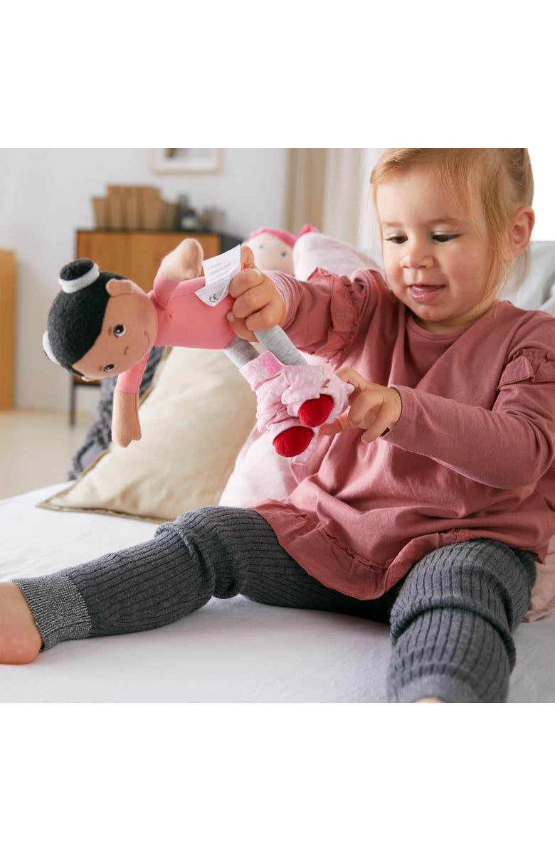 HABA Snug Up Doll Rumbi - 10" Soft Doll with Black Hair and Pink Overalls - Machine Washable for 18 Months and Up, Alternate, color, Multi