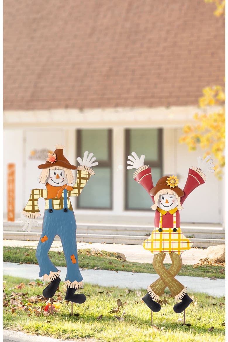 Set of 2 Fall Metal Dancing Scarecrows Yard Stake, Alternate, color, Orange