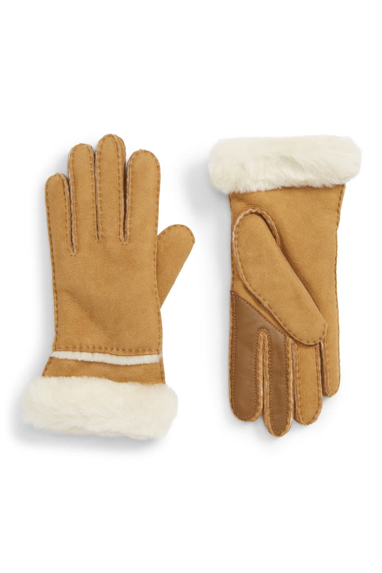 Seamed Touchscreen Compatible Genuine Shearling Gloves, Main, color, CHESTNUT