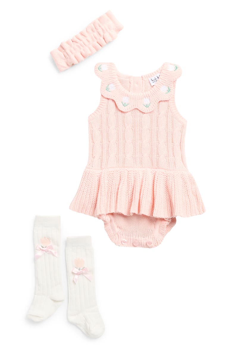 Floral Embroidered Sweater Romper, Headband & Socks Set, Main, color, SEASHELL PINK