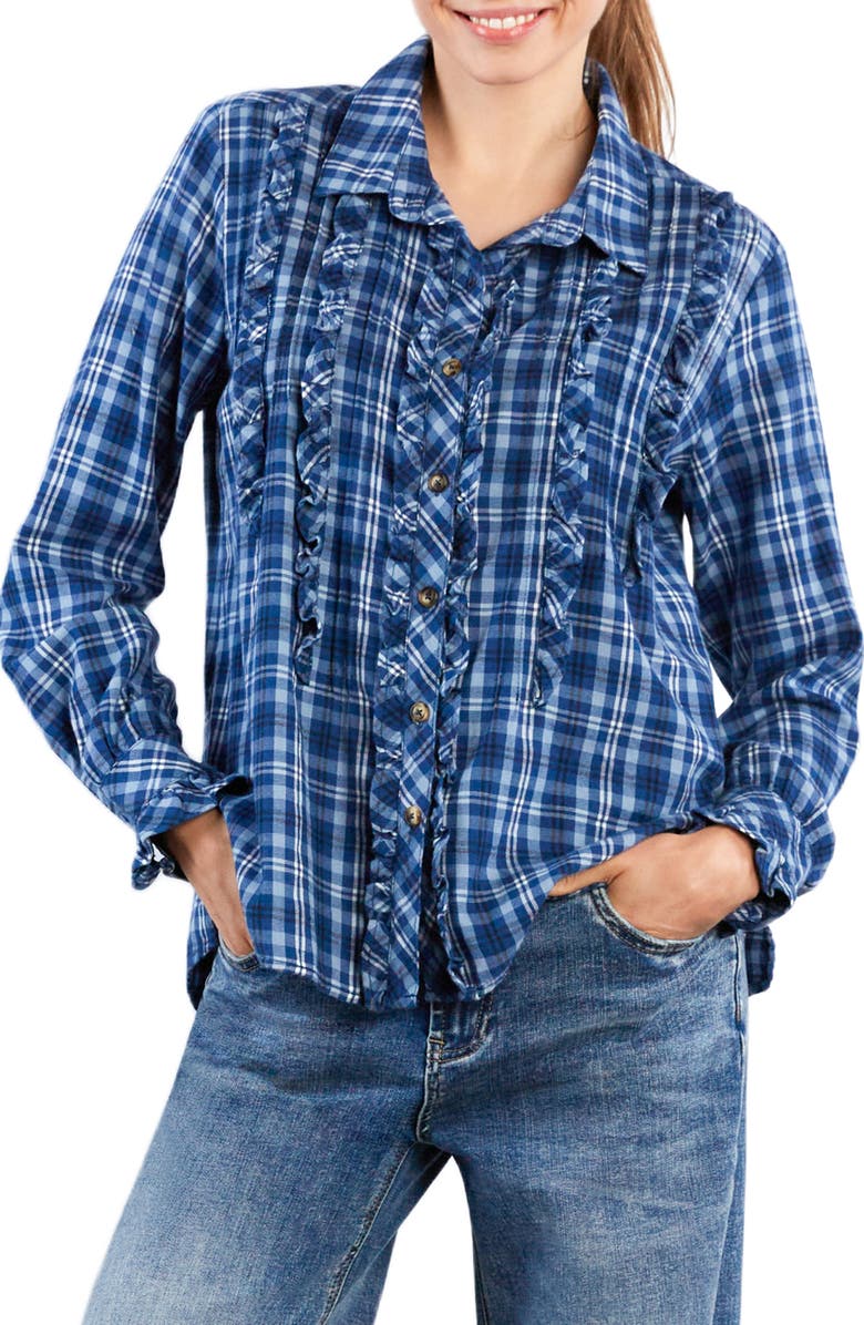 Billy T Plaid Ruffle Cotton Button-Up Shirt, Main, color, Blue Denim Plaid