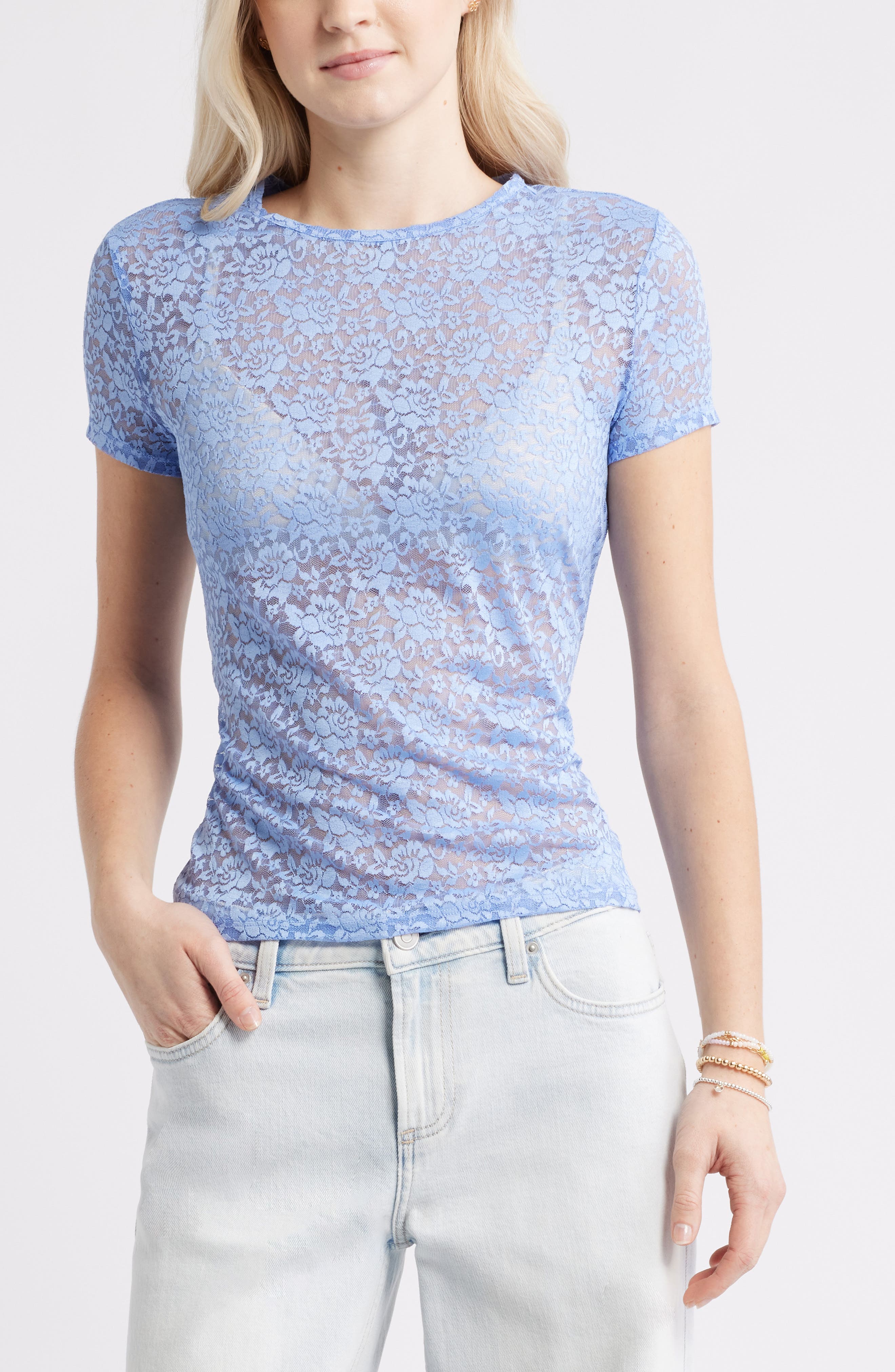 Short Sleeve Stretch Lace Top - image 3