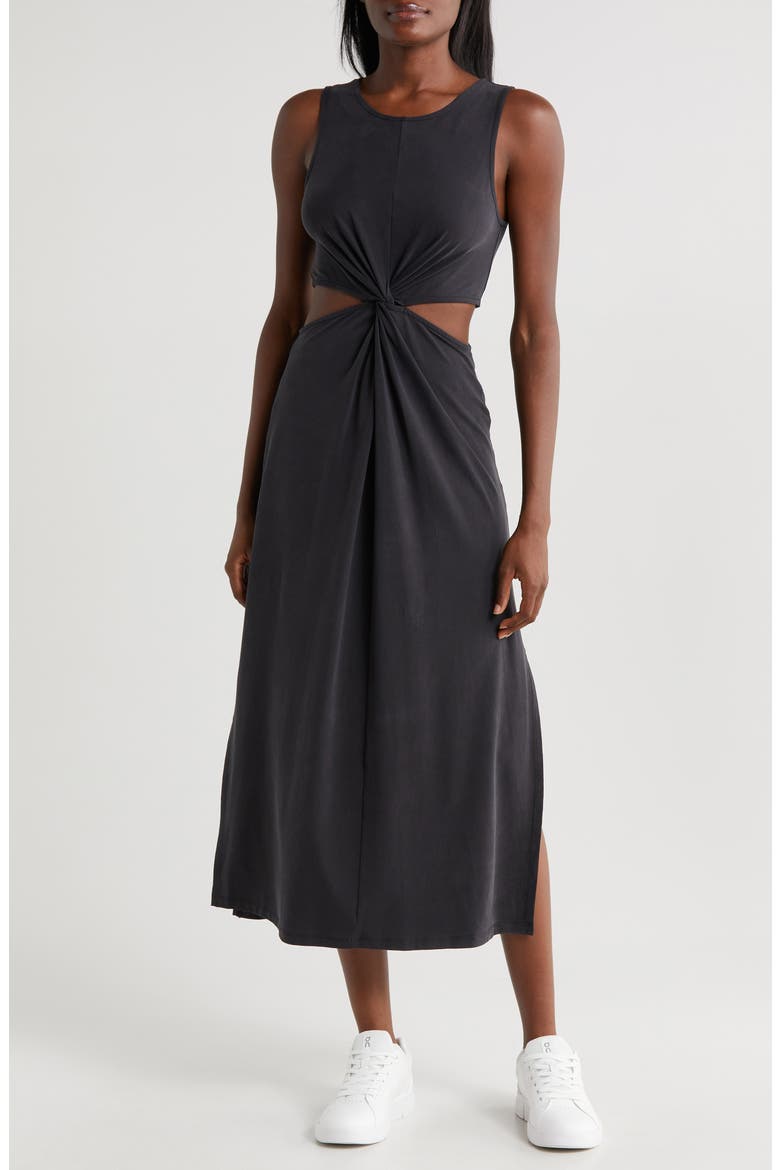 Around the World Front Twist Midi Dress, Main, color, BLACK