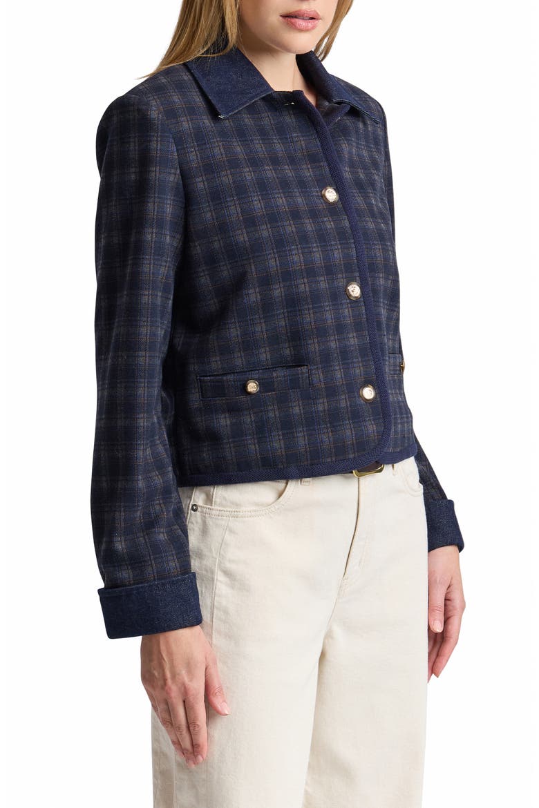 Plaid Cotton Denim Contrast Jacket, Alternate, color, DEEP NAVY PLAID