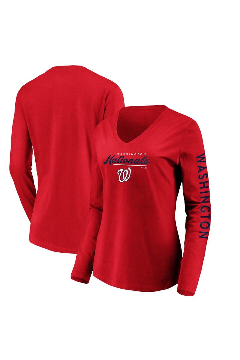 Women's Fanatics Branded Red Washington Nationals Core High Class Long Sleeve V-Neck T-Shirt, Main, color, Red