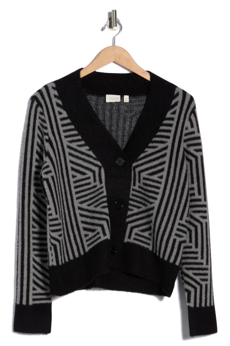 Geometric Button Front Crop Cardigan, Alternate, color, BLACK/ MEDIUM HEATHER GREY
