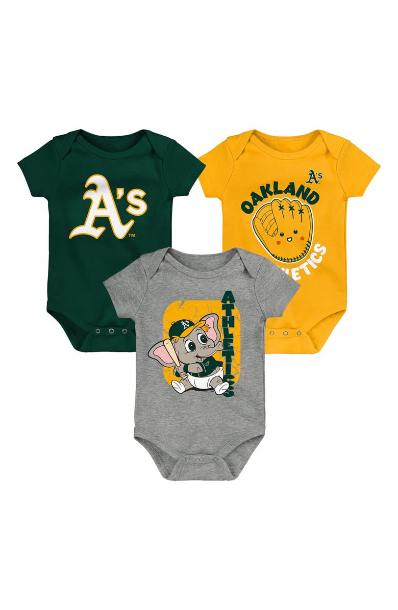 Outerstuff Newborn & Infant Green/Gold/Gray Oakland Athletics Change Up 3-Pack Bodysuit Set, Main, color,