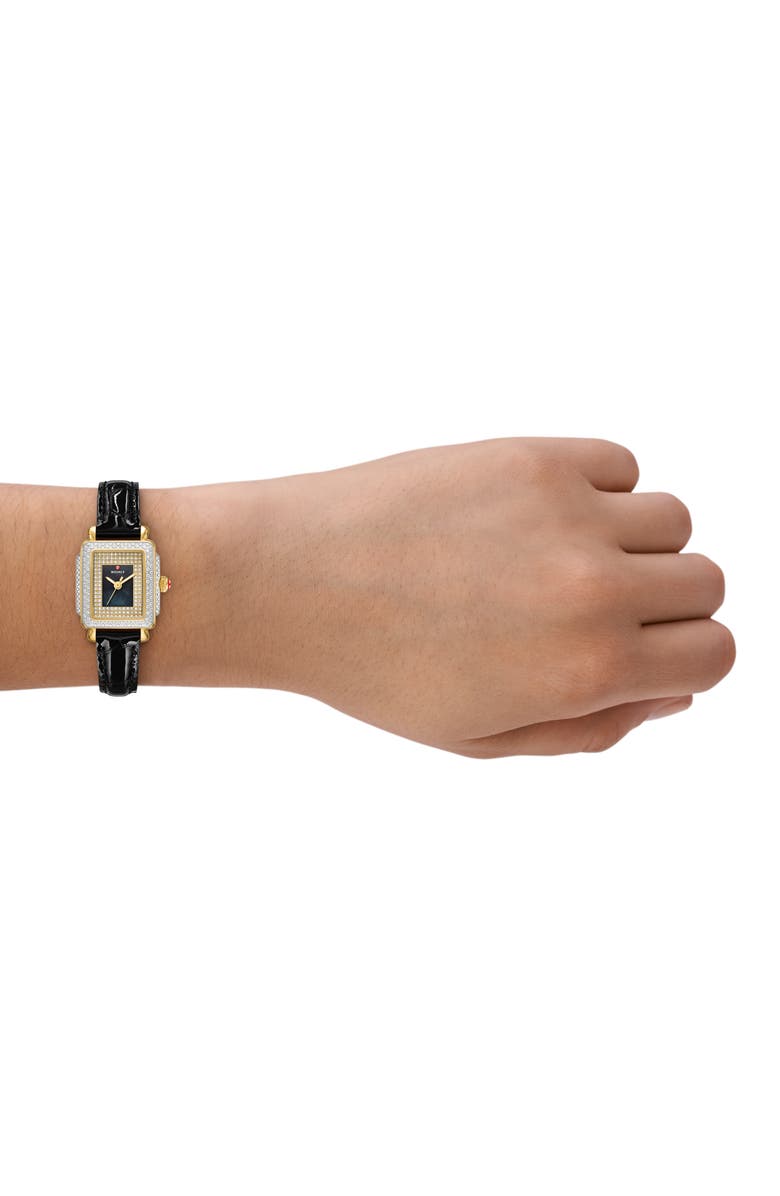 MICHELE Mini Deco Madison Special Edition Two-Tone 18K Gold Plate Diamond Pavé Leather Strap Watch, 23mm x 24mm, Alternate, color, Black