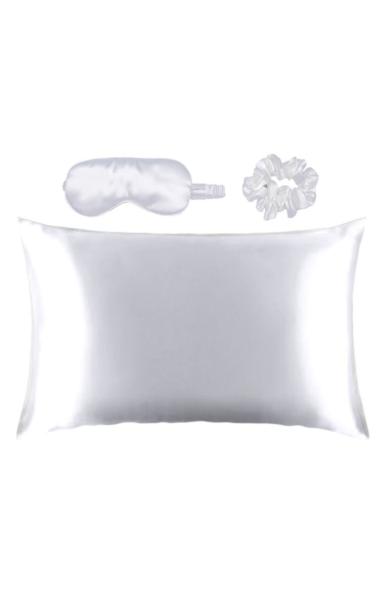 GLAMPTON Satin Pillowcase, Scrunchi & Mask Set, Main, color, White