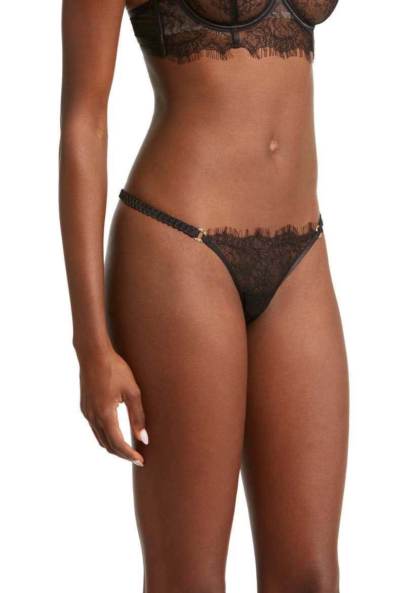 Camelia Eyelash Lace & Mesh Thong, Alternate, color, BLACK