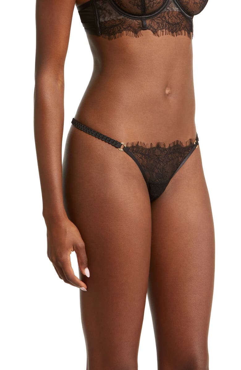 Bluebella Camelia Eyelash Lace & Mesh Thong, Alternate, color, Black