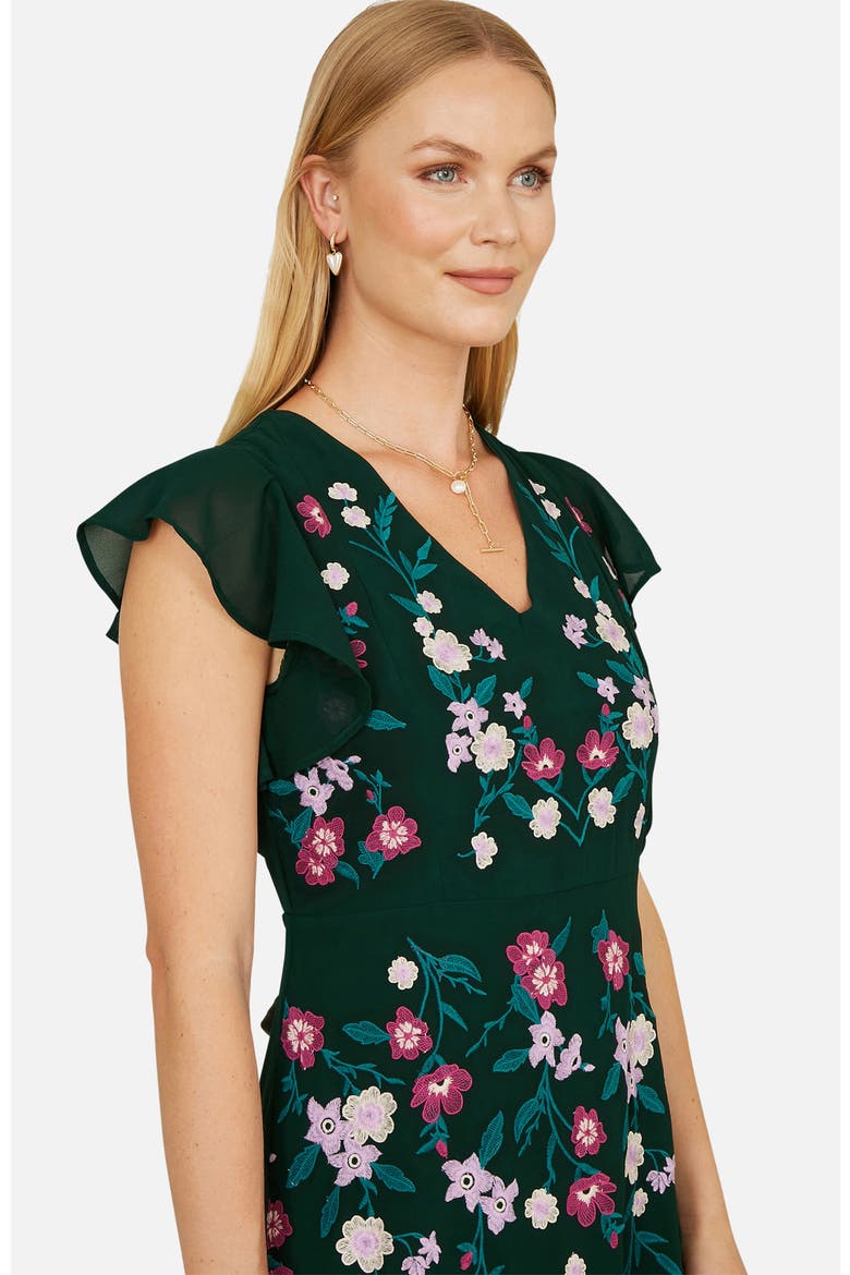 Floral Embroidered V-Neck Midi Dress, Alternate, color, Green