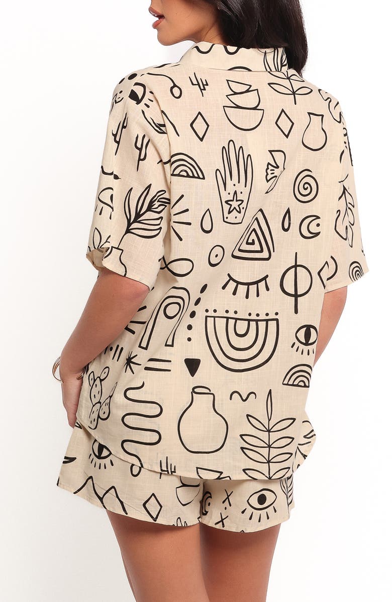 Petal & Pup Isabella Mixed Print Button-Up Shirt & Drawstring Shorts Set, Alternate, color, Beige Black