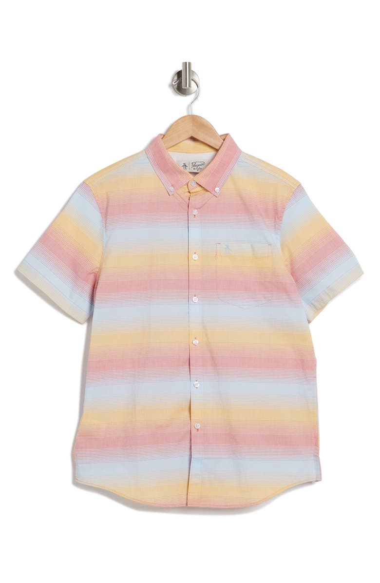 Original Penguin Hombre Stripe Cotton Short Sleeve Button-Up Shirt, Alternate, color,