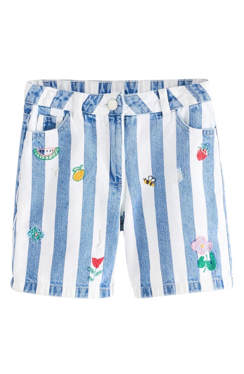 NEXT Kids' Stripe Distressed Embroidered Denim Shorts, Main, color, Blue