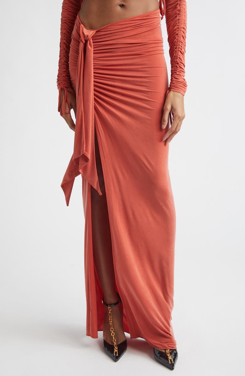 Balmain Side Drape Ruched Jersey Skirt, Main, color, Dark Red