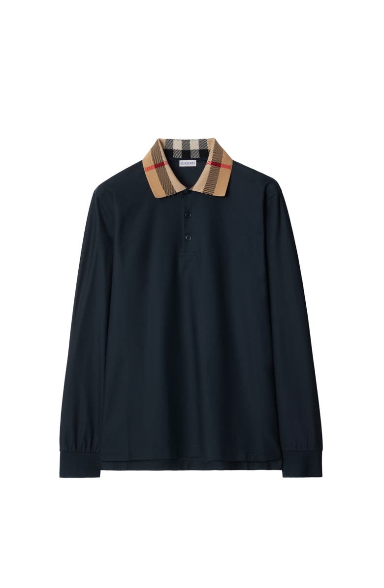 Burberry Long-sleeve Check Collar Cotton Polo Shirt, Alternate, color, Smoked Navy