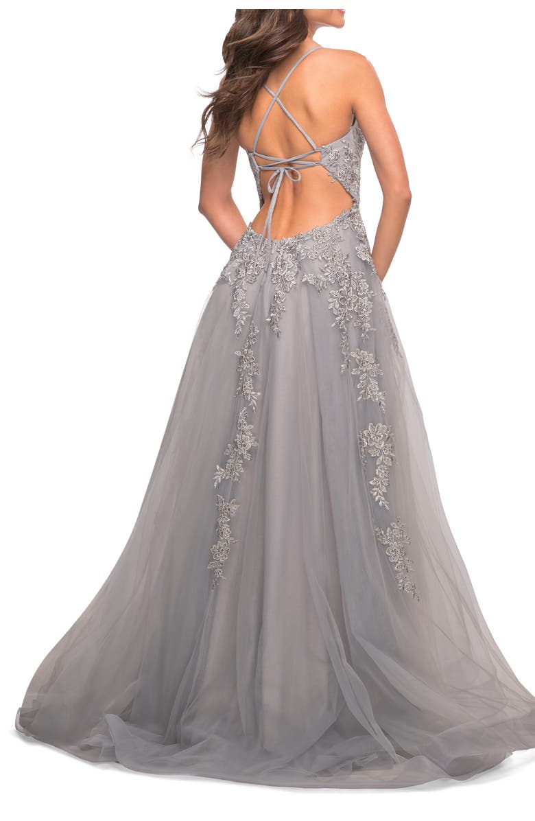 La Femme Tulle Prom Dress with Lace Detail in Silver, Alternate, color, Silver