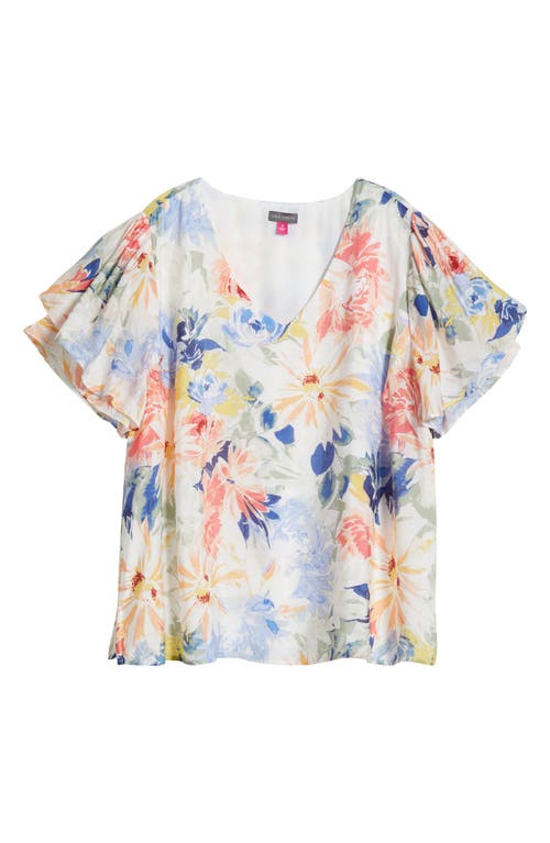 Vince Camuto Floral Tulip Sleeve Top In Ultra White