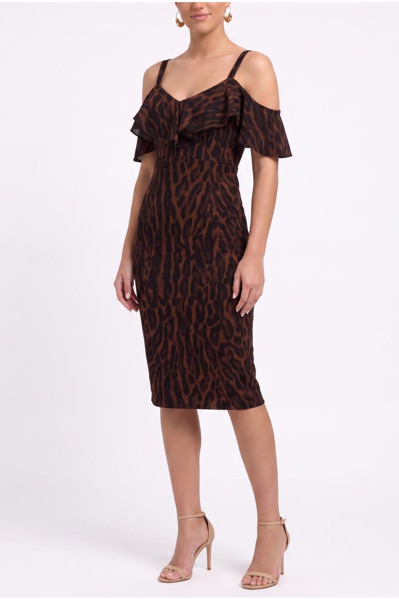 Marcella Printed Off the Shoulder Ruffle Midi Dress, Alternate, color, Holiday Leopard