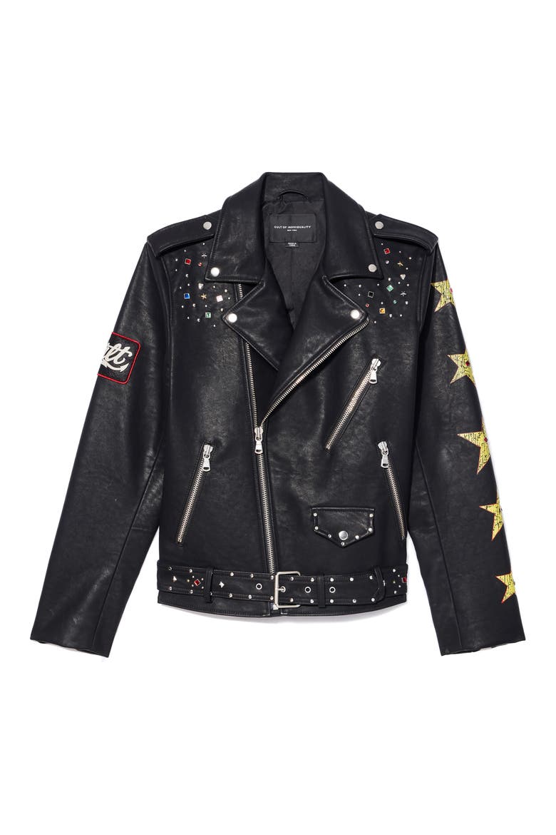 Stars Leather Moto Jacket, Alternate, color, BLACK
