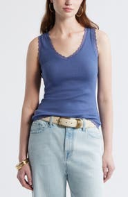 Treasure & Bond Pointelle Lace Trim Cotton Blend V-Neck Tank