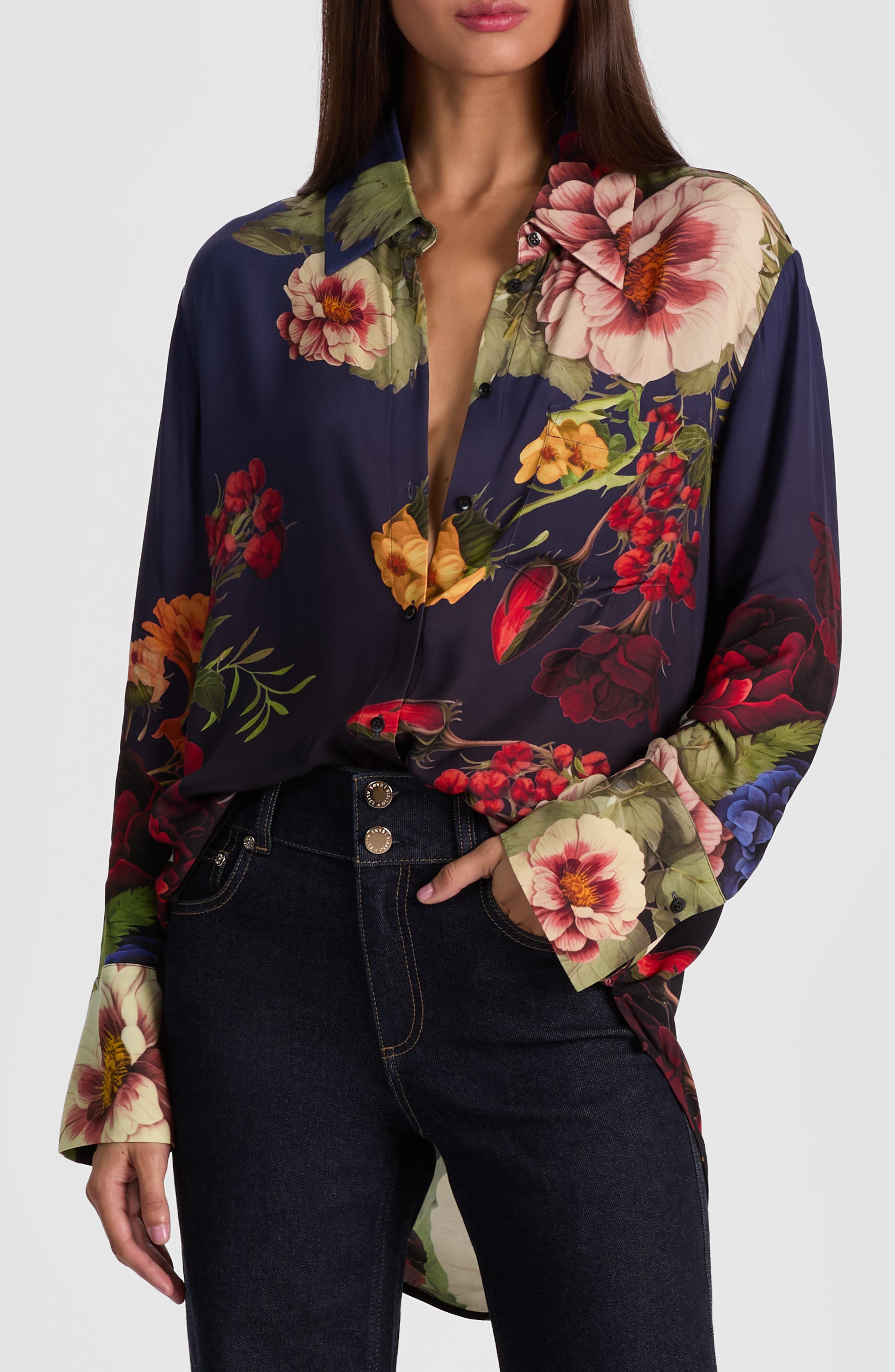 Alice + Olivia Finely Floral Long Sleeve Oversize Button-Up Shirt