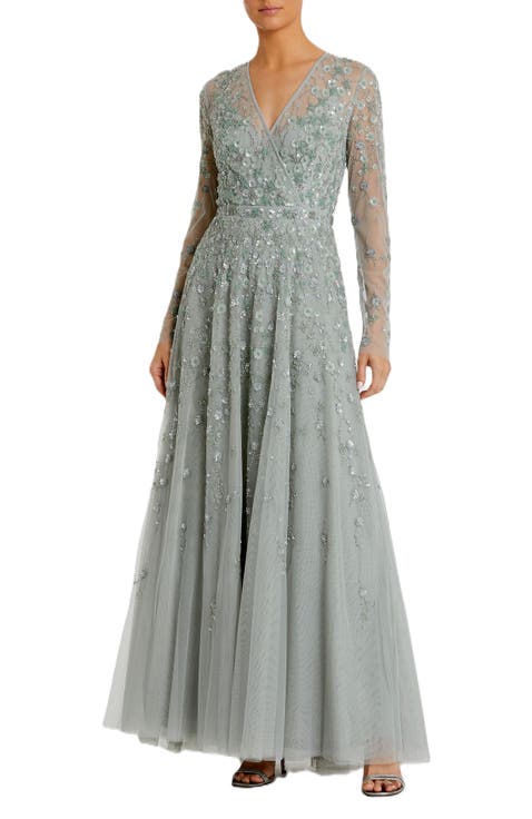 Embellished Wrap Over Illusion Long Sleeve A Line Gown