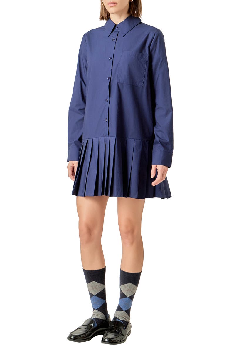 English Factory Pleated Long Sleeve Shirtdress, Alternate, color, Navy
