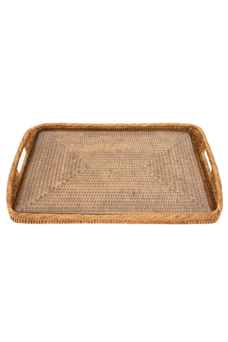 Artifacts Rattan Rectangular Tray with Glass Insert, Alternate, color, Honey Brown