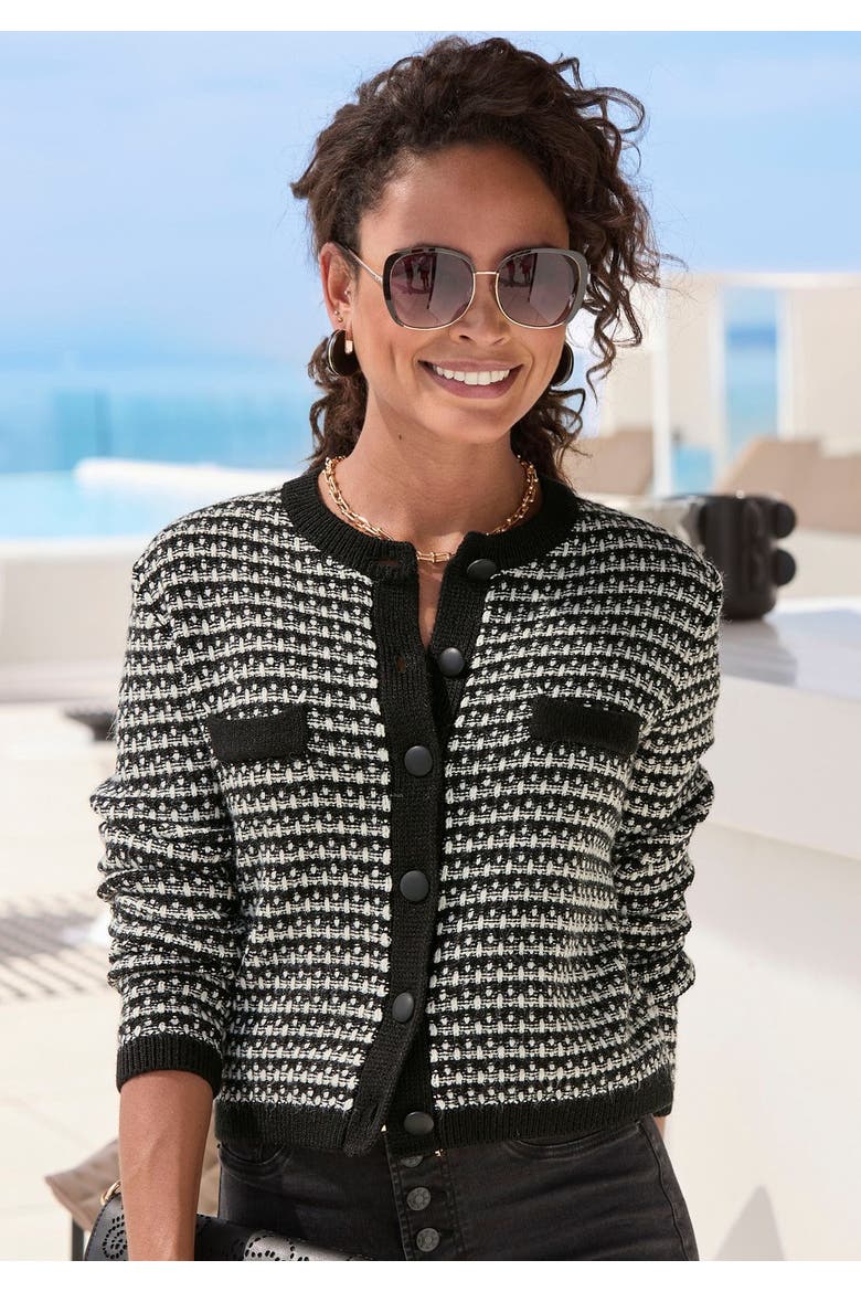 Tweed Look Cardigan, Alternate, color, Black & White