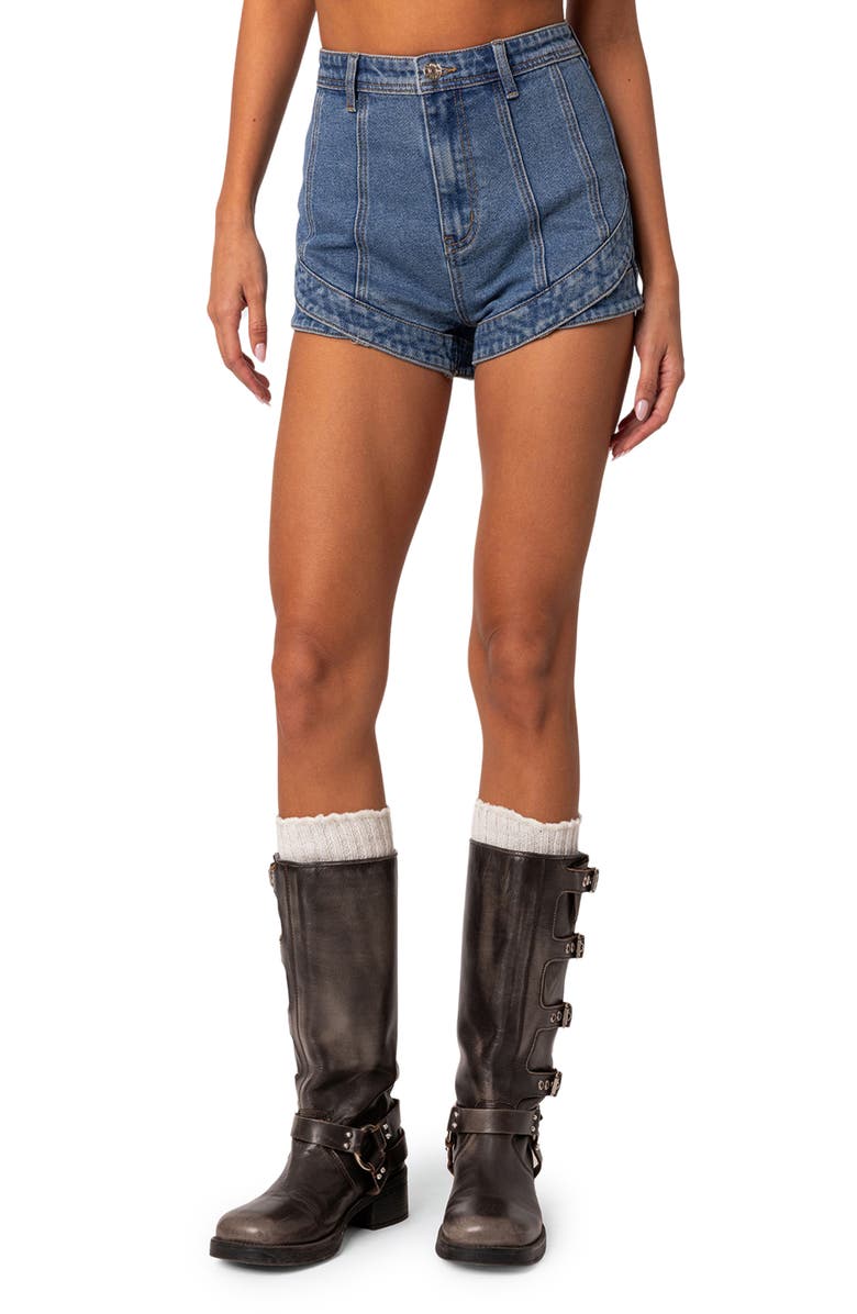 EDIKTED Fernanda Curved Hem High Waist Denim Shorts, Main, color, 