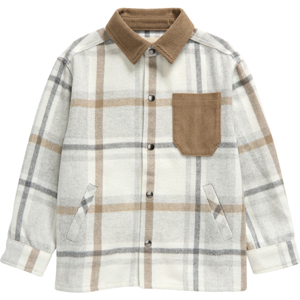 Tucker + Tate Kids' Plaid Fleece Snap-Up Shacket in Ivory- Grey Plaid