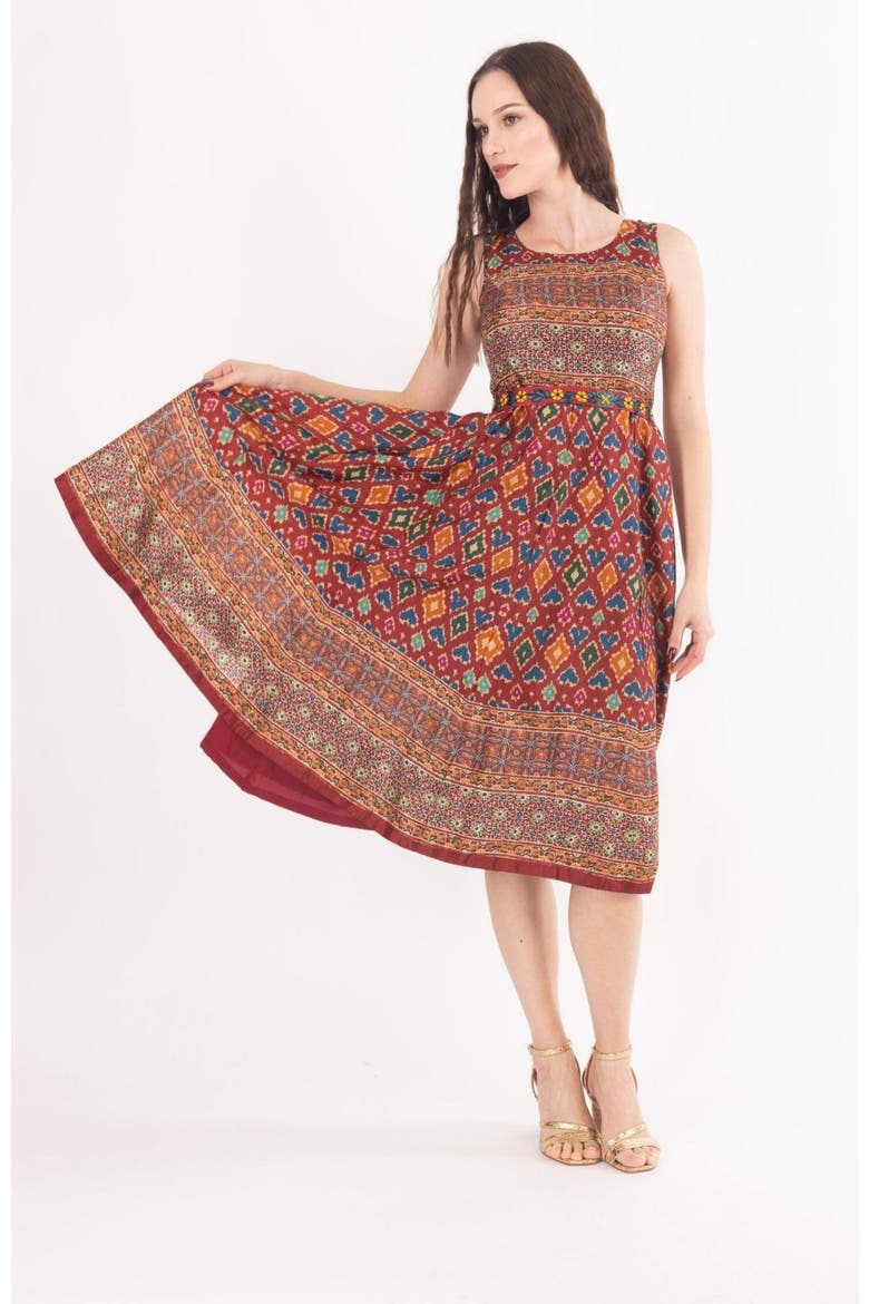 Russet Ajrakh Print Midi Dress, Alternate, color, Maroon