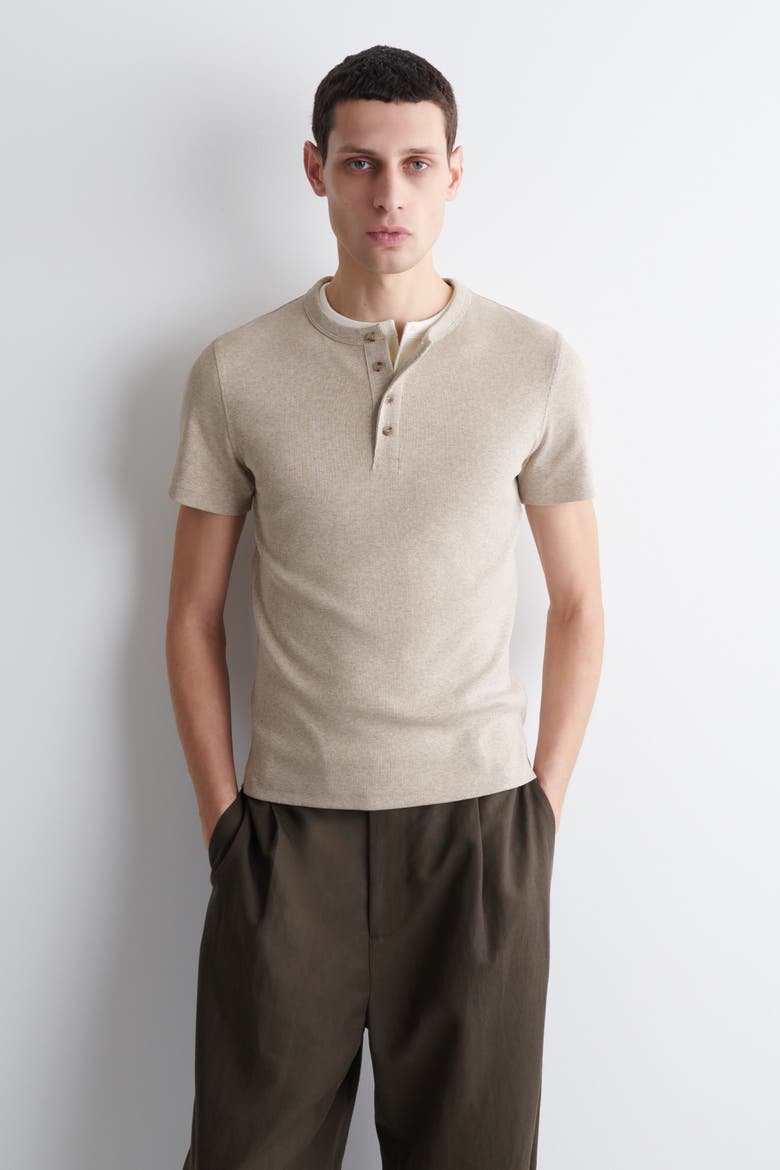 Slim-fit Ribbed Henley T-shirt, Main, color, BEIGE MÉLANGE