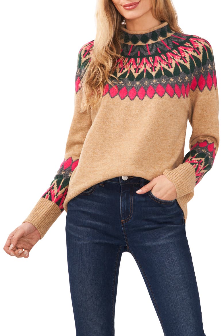 Fair Isle Funnel Neck Sweater, Main, color, LATTE HEATHER