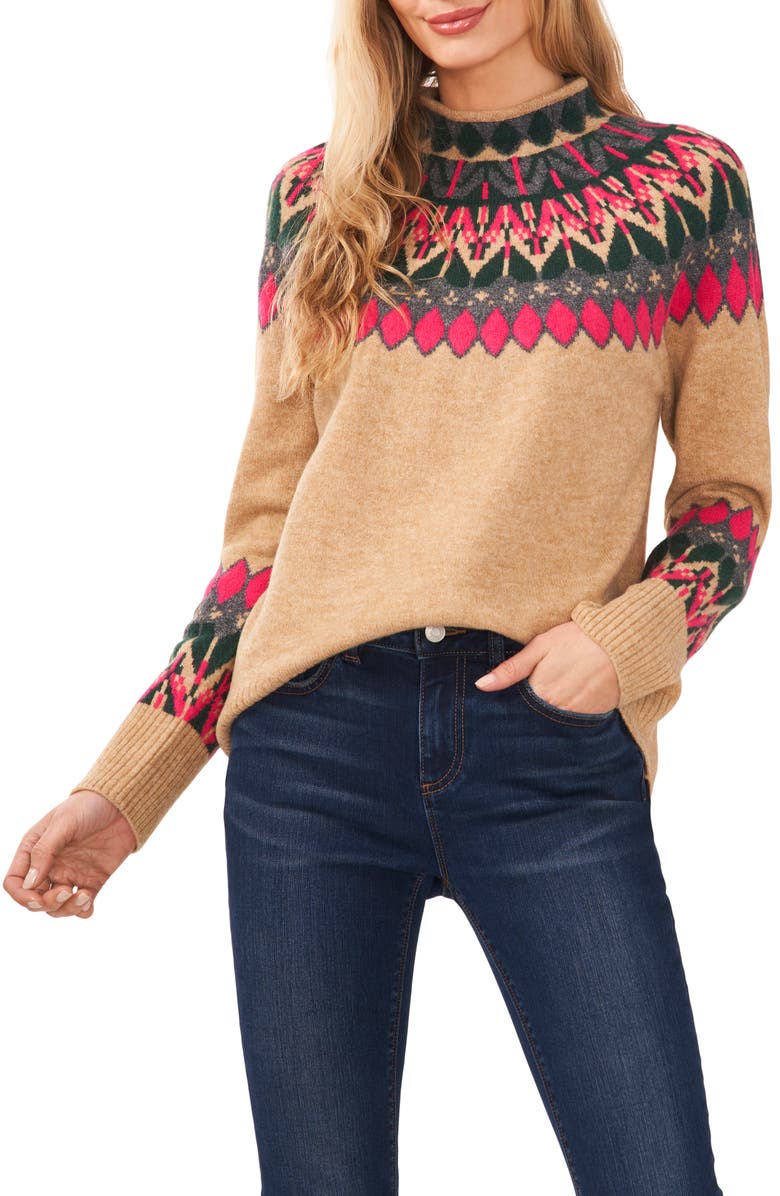 CeCe Fair Isle Funnel Neck Sweater, Main, color, Latte Heather