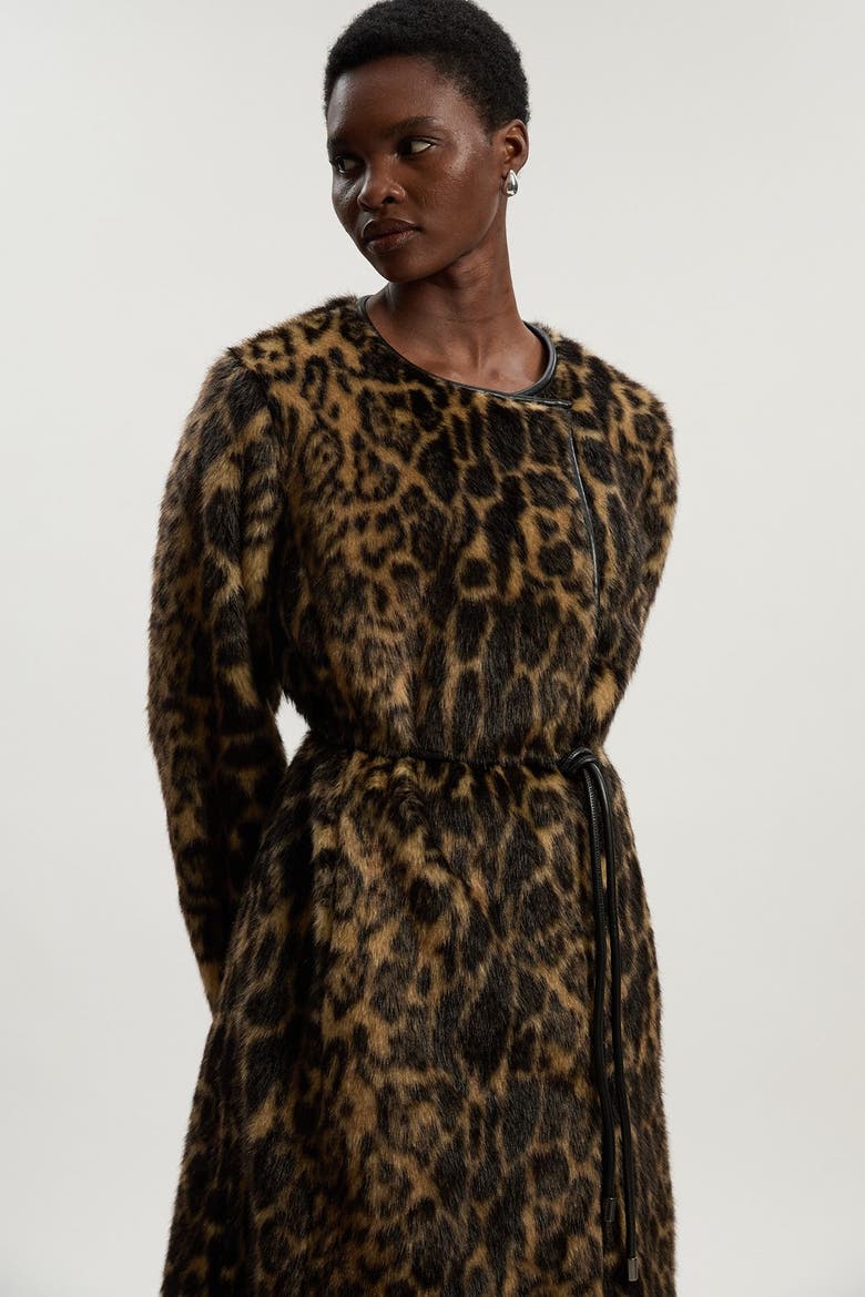 Faux Fur Collarless Tie Belted Midi Coat, Alternate, color, Multi