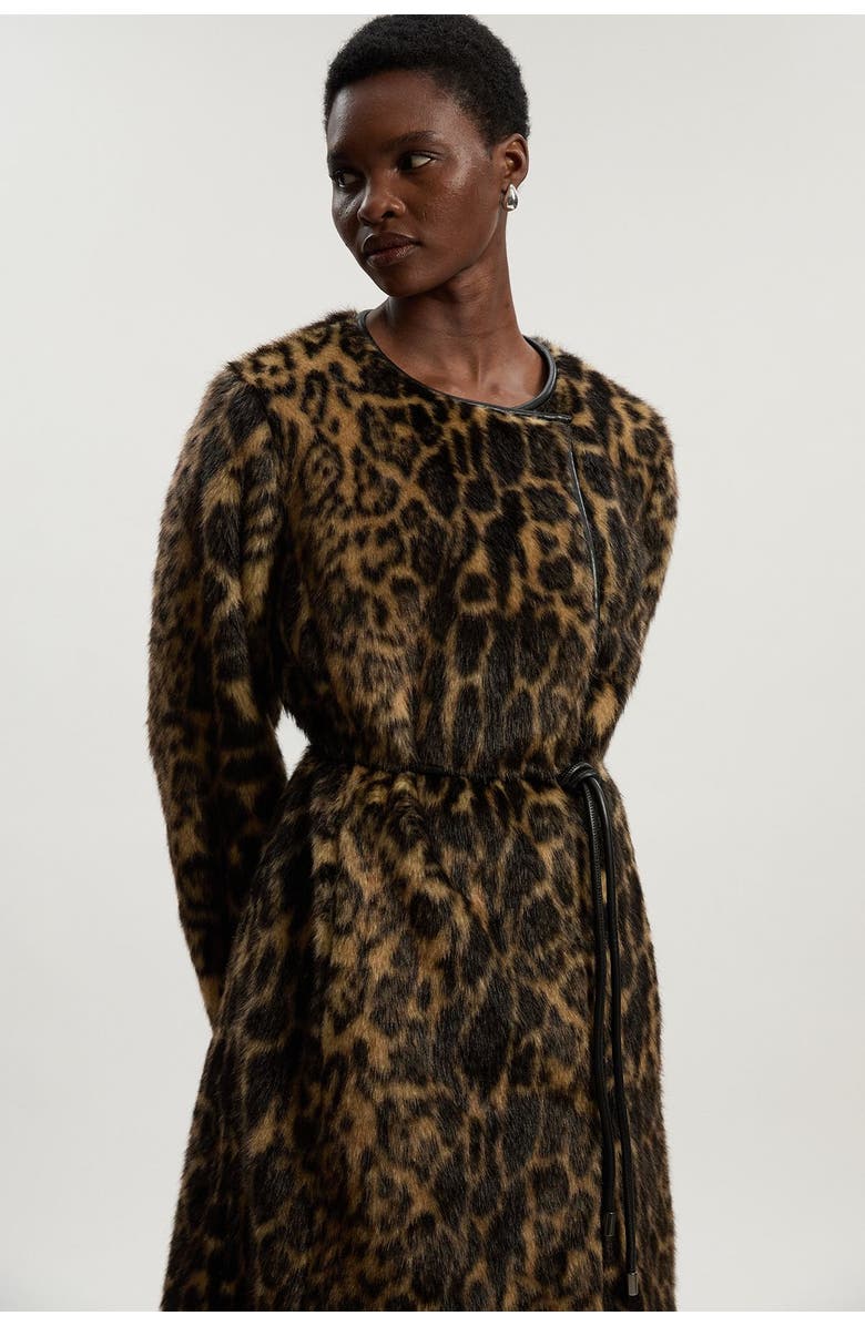 Karen Millen Faux Fur Collarless Tie Belted Midi Coat, Alternate, color, Multi