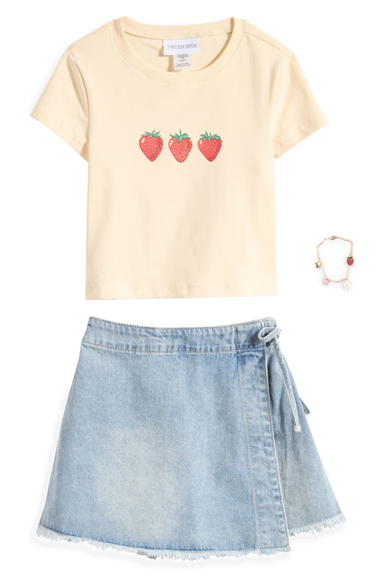 Kids' Strawberry Graphic T-Shirt, Denim Skirt & Charm Bracelet Set, Main, color, LIGHT YELLOW