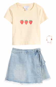 Tween Diva Kids' Strawberry Graphic T-Shirt, Denim Skirt & Charm Bracelet Set