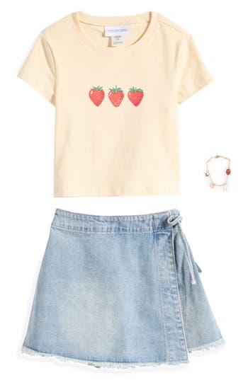 Tween Diva Kids' Strawberry Graphic T-shirt, Denim Skirt & Charm Bracelet Set In Yellow