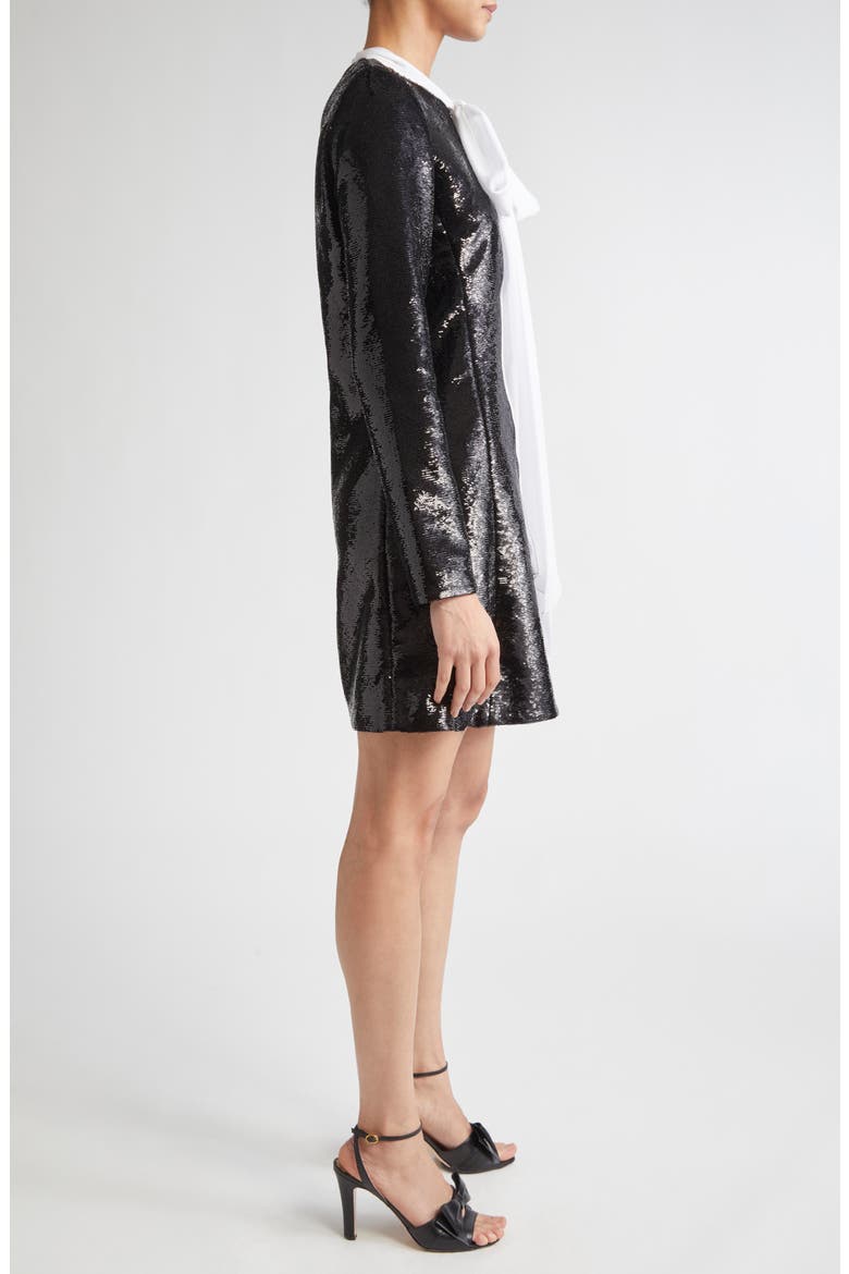 Bow Neck Long Sleeve Sequin Minidress, Alternate, color, BLACK