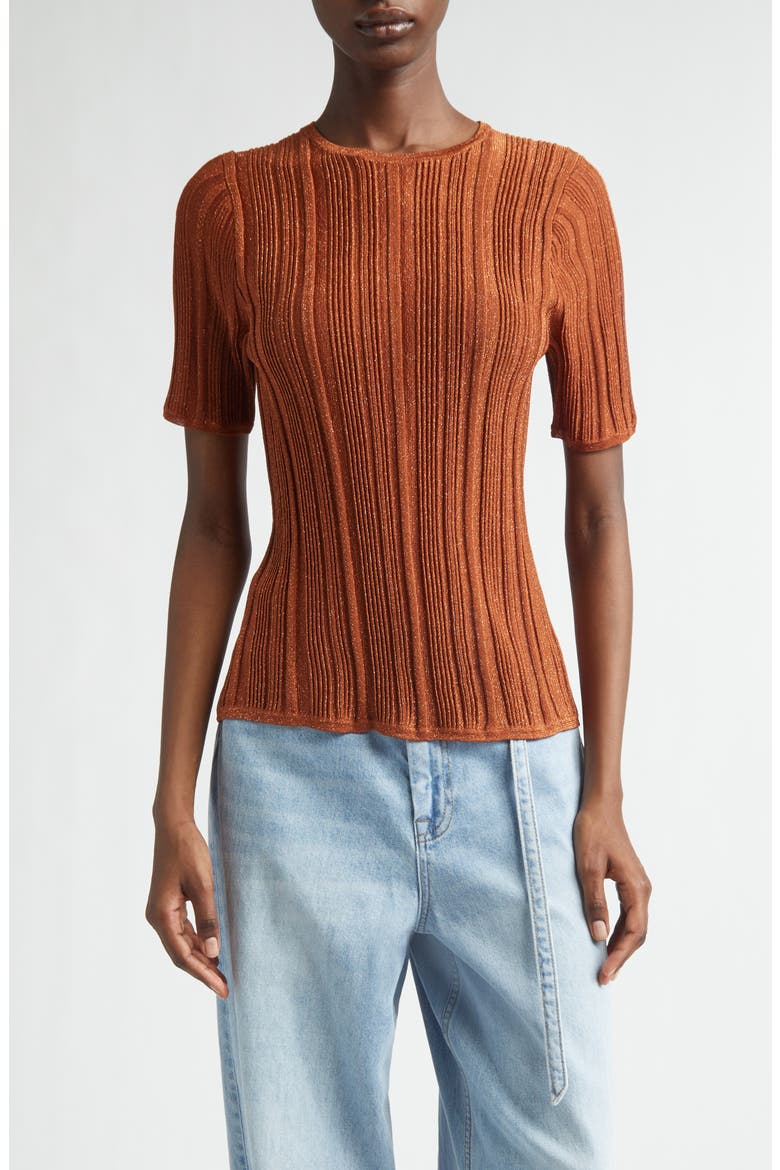 Indra Short Sleeve Shimmer Rib Sweater, Main, color, METALLIC TAN