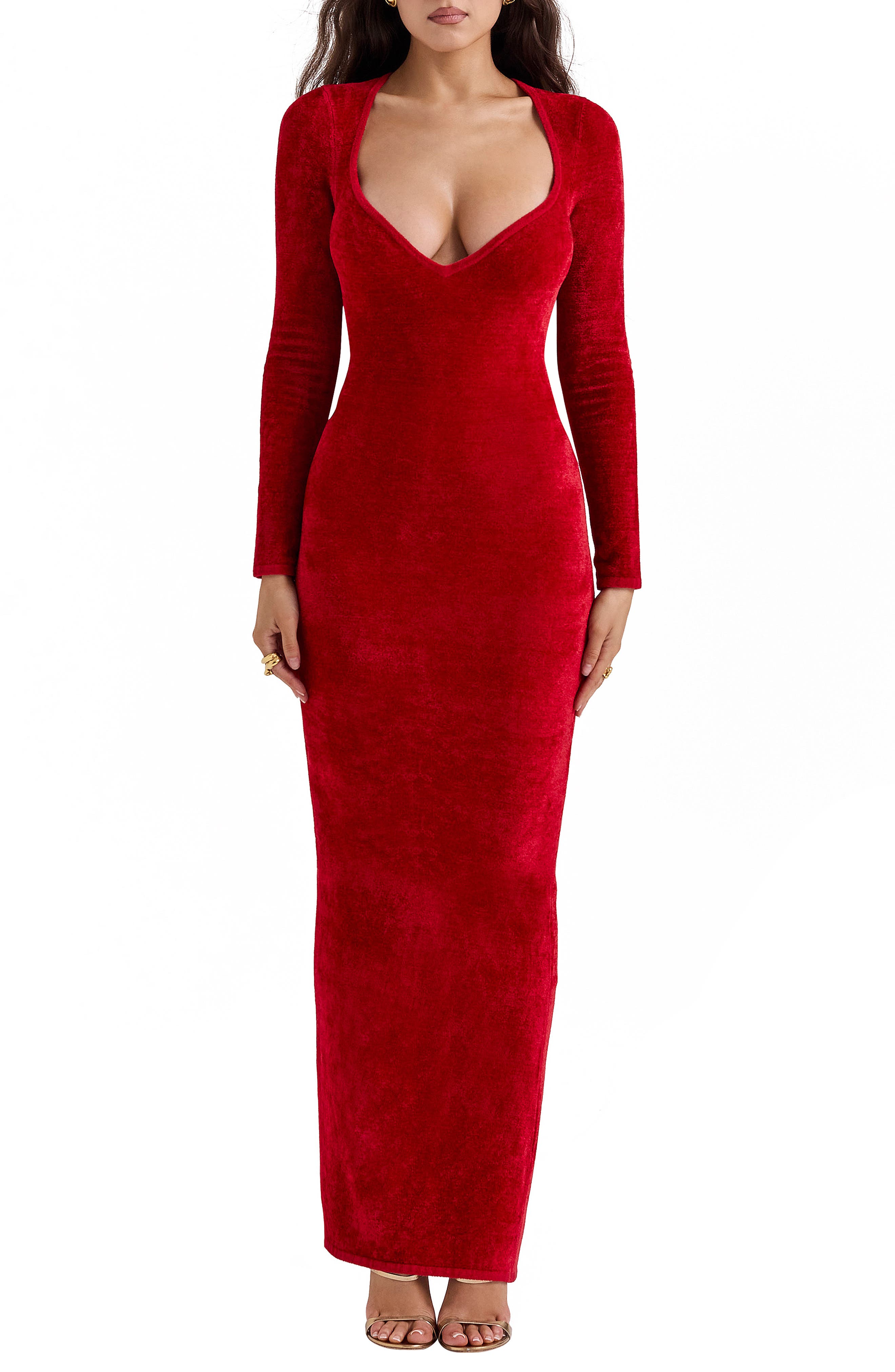 HOUSE OF CB Aria Long Sleeve Chenille Gown in Salsa 