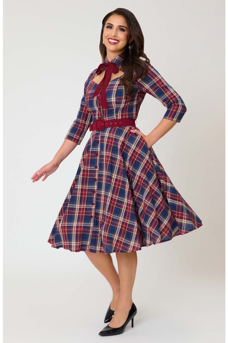 Sweetheart Neck Swing Dress, Main, color, Blue & Burgundy Plaid