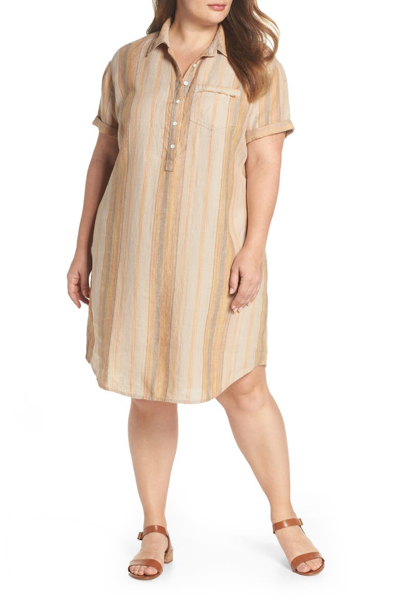 Stripe Linen Shirtdress, Main, color, CORAL MULTI STRIPE