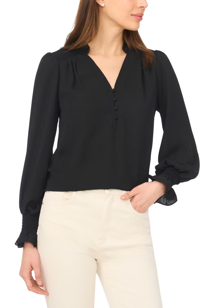 CeCe Half Placket Smocked Accent Top, Main, color, Rich Black
